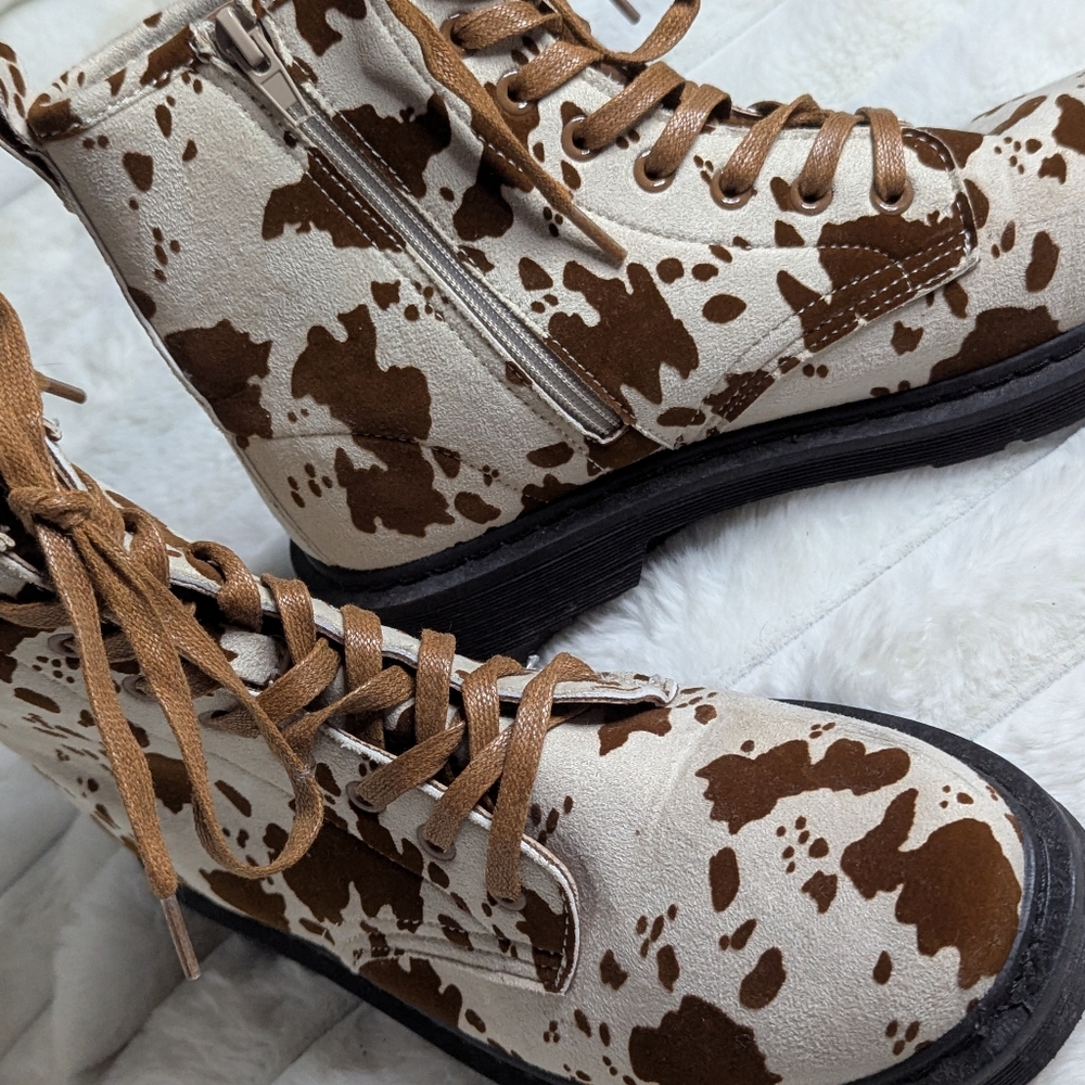 Cow Print Lace-Up Boots - Picture 2 of 11